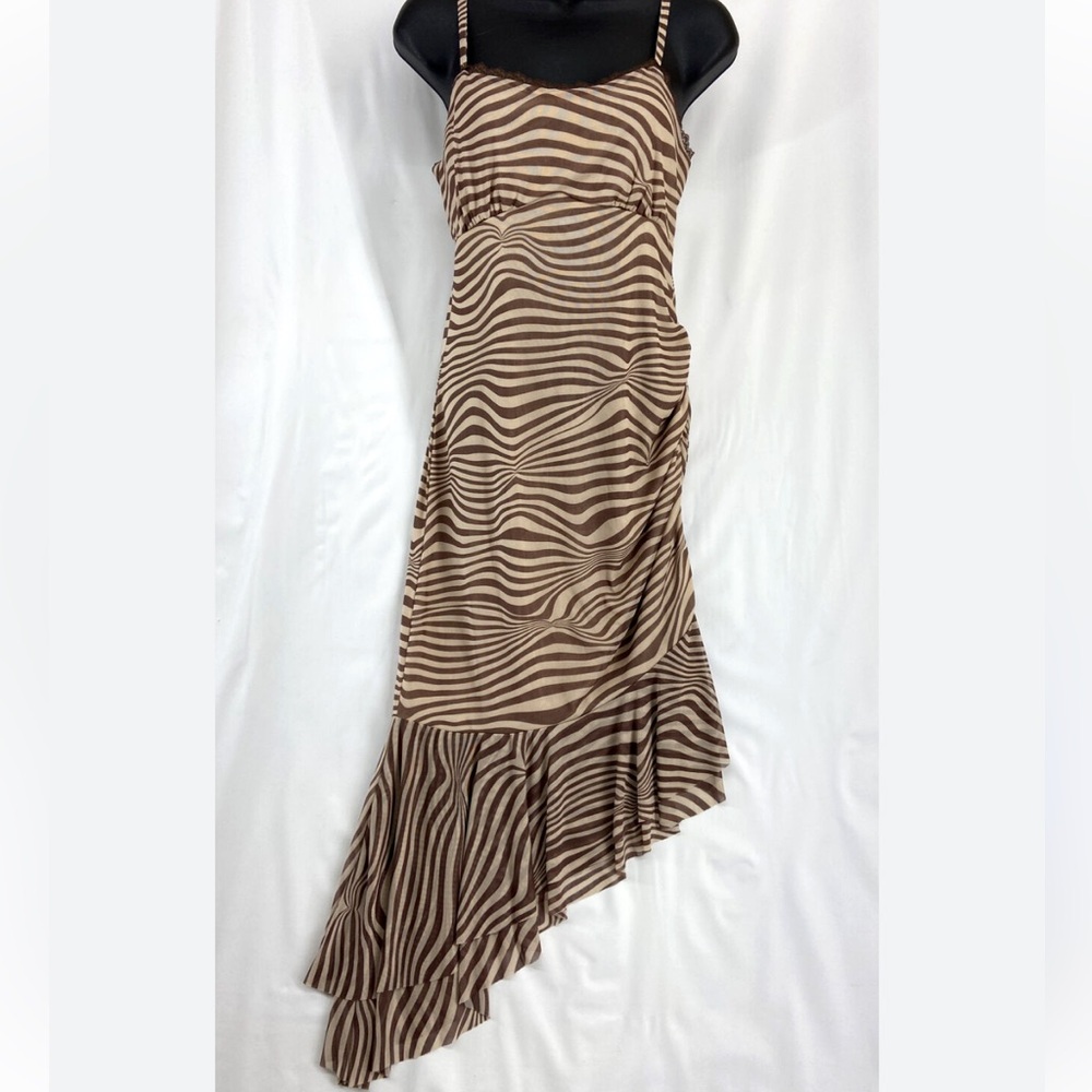Striped Brown and Cream Spaghetti Strap Midi Dress